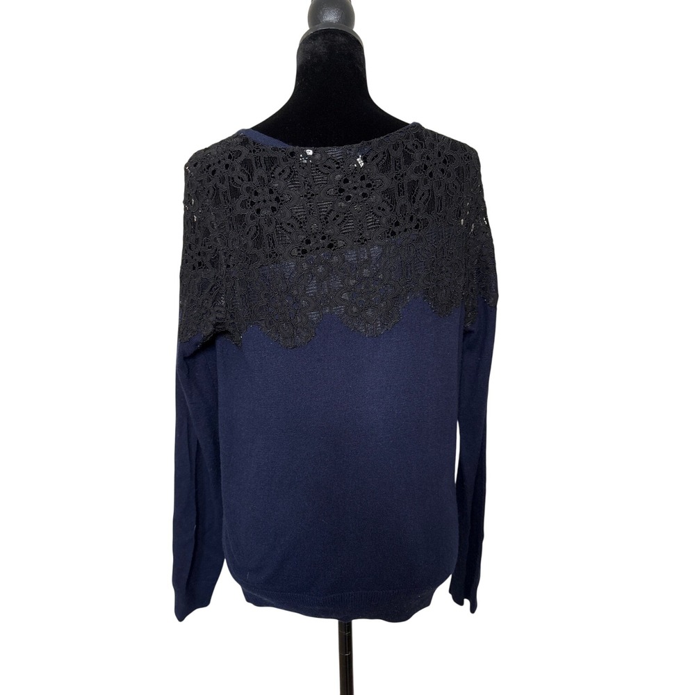 Anthropologie Knitted & Knotted Navy Blue Lace Ruffle Cashmere Blend Sweater M - Picture 3 of 7